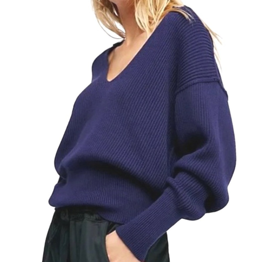 Free People Blue Ribbed Knit Oversized Deep V-Neck Pullover Sweater Womens M
